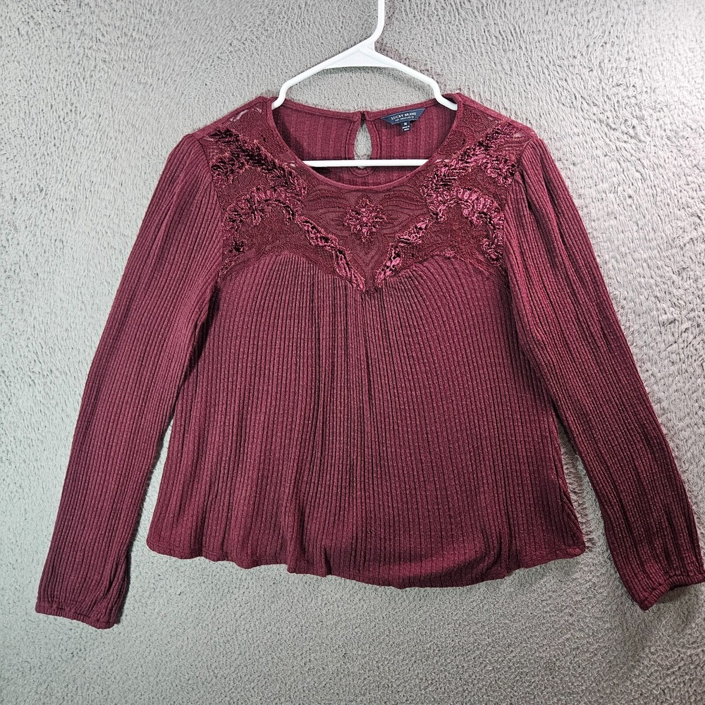 Lucky Brand Top Women Medium Lace Detailed Long Sleeve Stretch Maroon